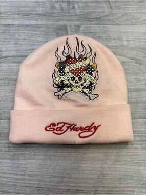 Ed Hardy Pink Kids Knit Beanie with Embroidered Logo and Heart-Skull Patch